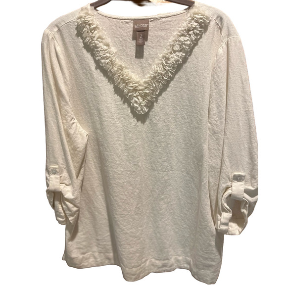 Chico's Tops - Chico's Cream V-Neck Blouse with Floral Trim